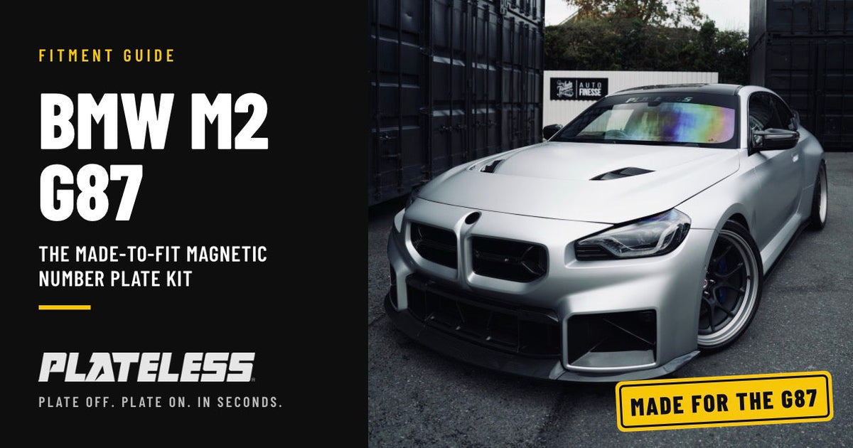 Silver BMW M2 G87 with no front number plate, fitted with the Plateless G87 magnetic kit