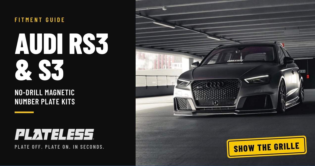 Grey Audi RS3 with no front number plate, showing the honeycomb grille