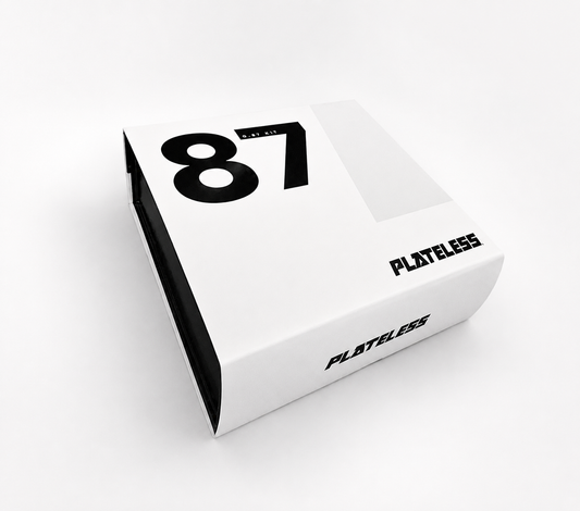 A white rectangular product box with black printed graphics, including the number 87 and the brand name PLATELESS, shown on a clean white background.
