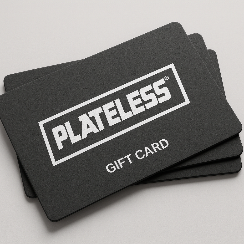 Stack of Plateless gift cards on a light gray background