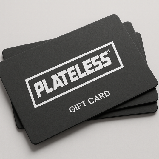 Stack of Plateless gift cards on a light gray background